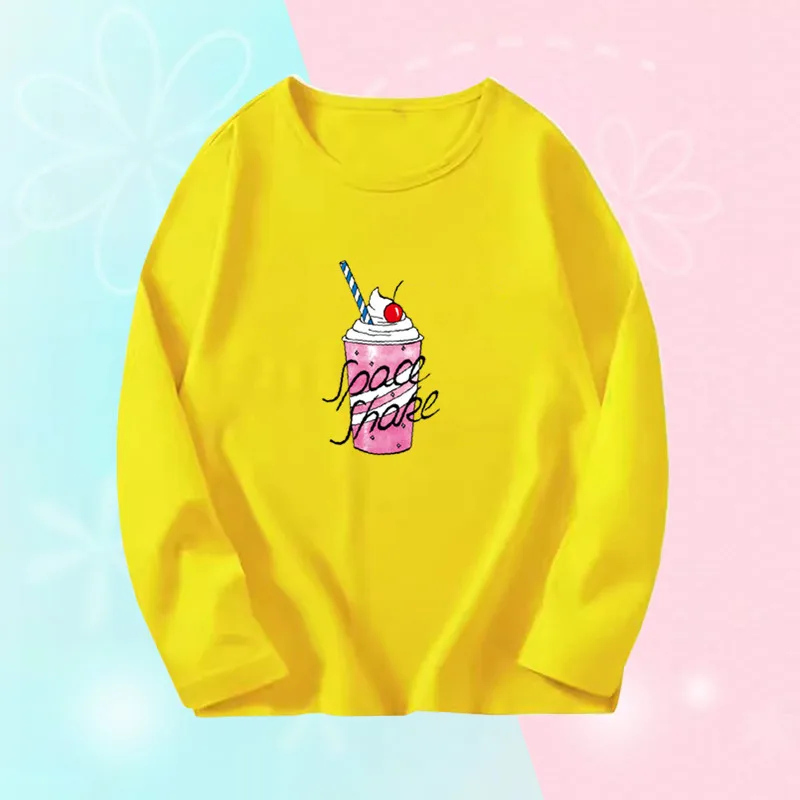 3~14 Years Cute Girl Pink Sweet T-Shirts Girl's Autumn Long Sleeve T-Shirts Kids Tee Tops Cute Drink Graphic T-shirts