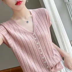 V-neck T-shirt for Women Loose Fit Plus Size Stylish and Fashionable Summer Thin Cut Hollow Ice Silk Knitted Sweater Top