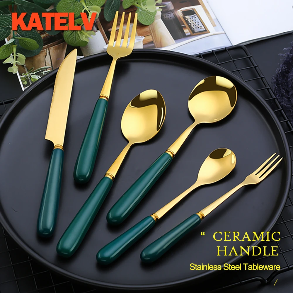 

6PCS Gold Dinnerware Set Porcelain Handle Beatiful China Style Spoon Fork Knife Set Accesorios Utensil Flatware Spoon And Fork