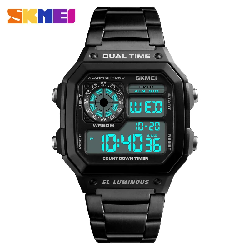 SKMEI 1335 Retro Sports Men's Electronic Watch Timing Alarm Clock Waterproof Stainless Steel Men's Digital Clock Reloj Hombre