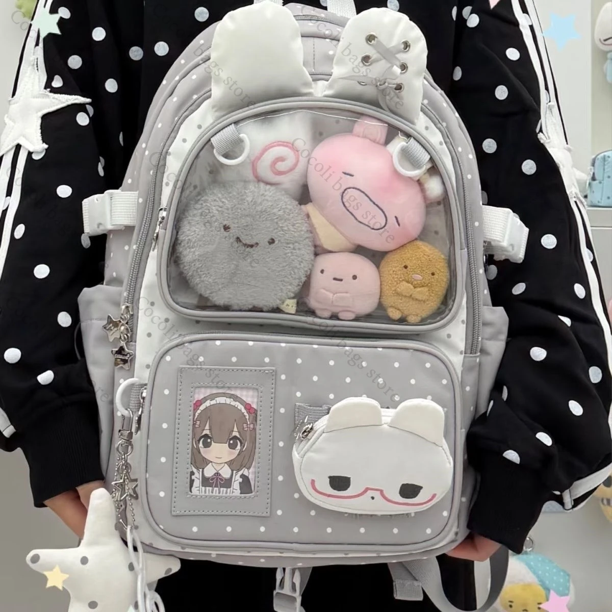 Kawaii Ita Bag Backpack School Bag Itabag with Transparent Pocket Dot Decor Bags for Women Large Capacity Backpacks Women's Bag