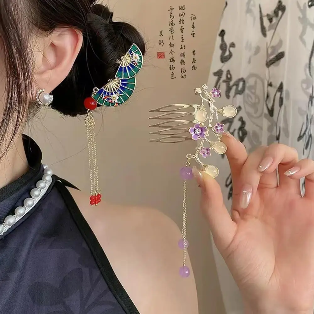 Sisir Rambut Rumbai Bunga Sisir Sisipan Antik Aksesori Rambut Hanfu Tiongkok Jepit Rambut Daun Bunga Jepit Rambut Campuran Bambu Hijau