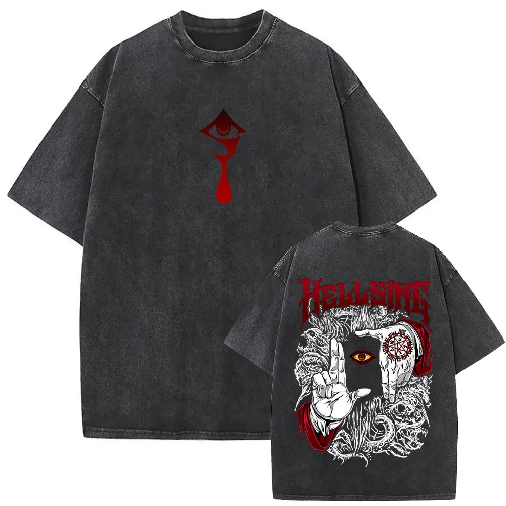 Anime Hellsing Abraham Van Helsing Vampire Alucard Vintage Washed T-shirt Men's Women Cartoon Manga Oversized T Shirt Streetwear