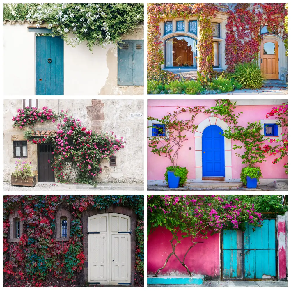 

Old Spanish Italy House Door With Potted Flower Photography Background Photozone Courtyard Vinyl Photo Backdrop for Photo Studio