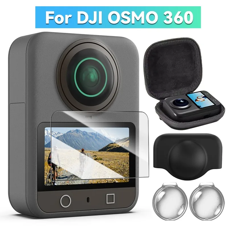For DJI Osmo 360 Panoramic Camera Kit Combo Protector Portable EVA Storage Bag Tempered Glass Screen Protector Silicone Lens Cap