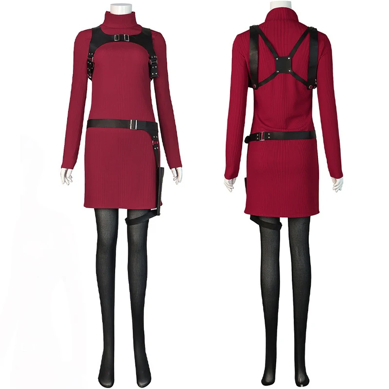 

Women Ada Wong Cosplay Dress Re4 Outfit Remake Holster High Neck Costume Slim Fit Knitted Sweater Skirt Halloween