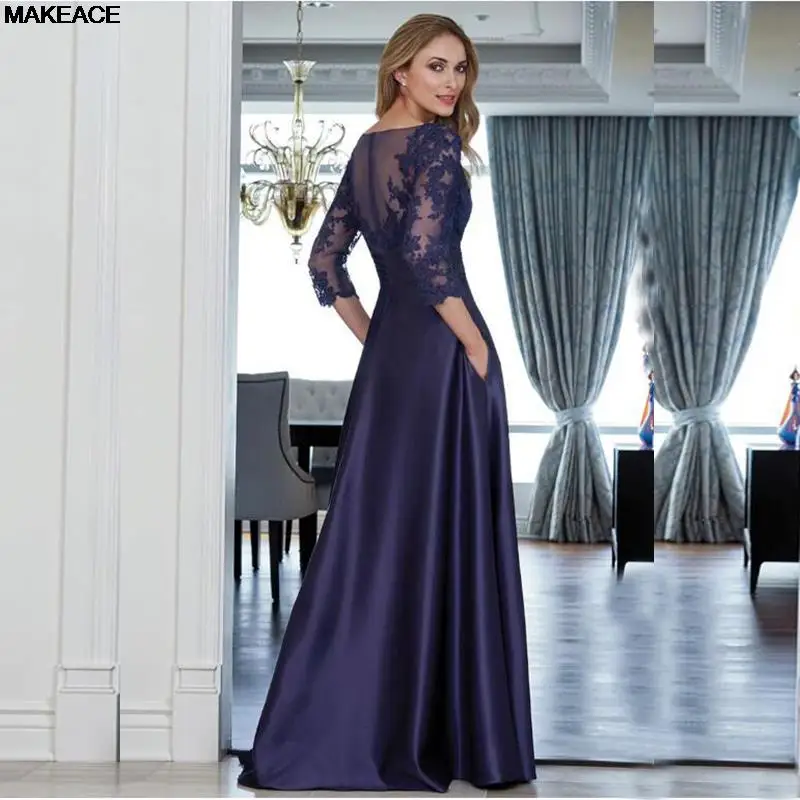 

Charming A Line Purple Lace Jewel Neck Mother of the Bride Dresses With Three Quarter Sleeves Wedding Guest Gowns 2022