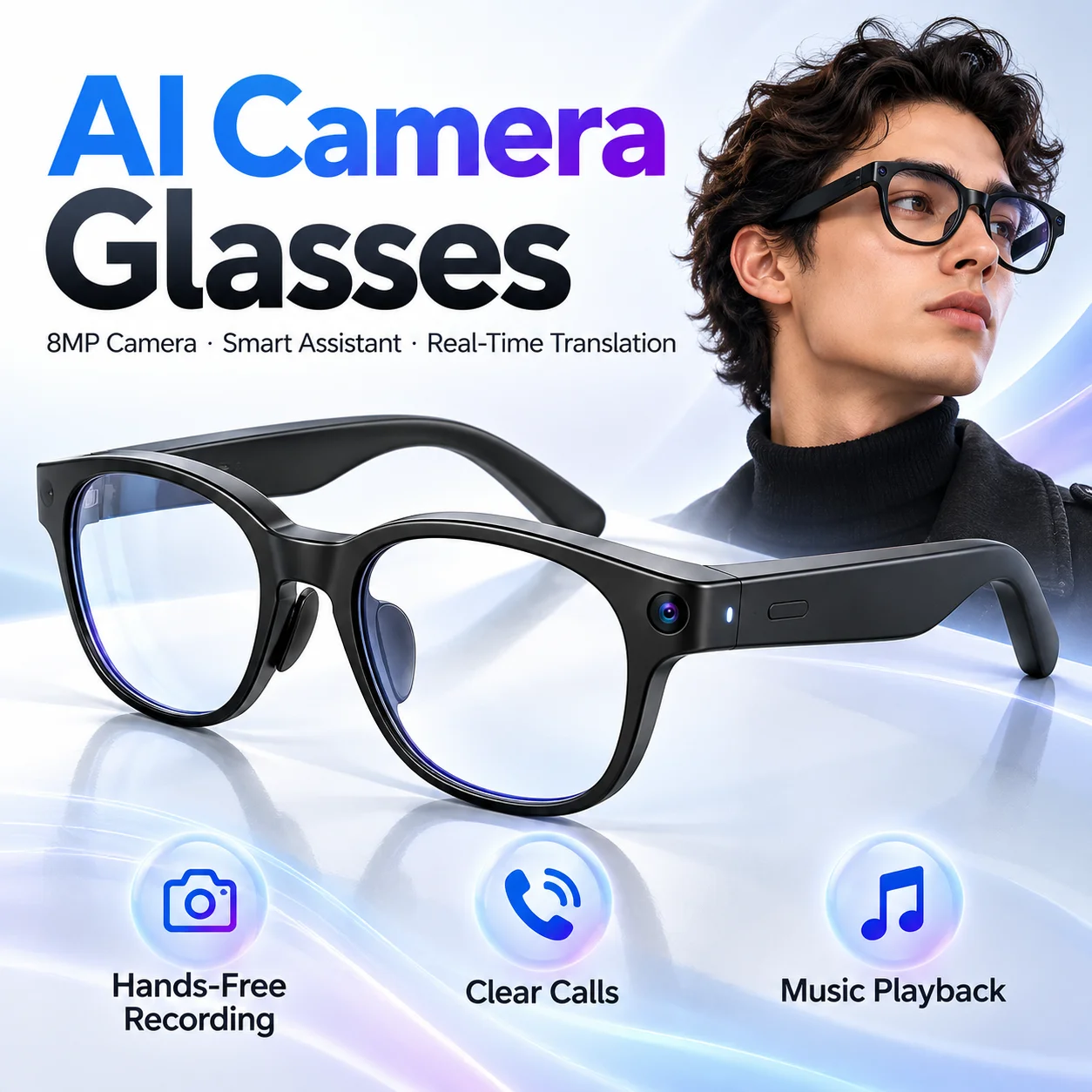 Smart Glasses Camera Video Recording 1080P - AI搭載スマートグラス。8MPカメラによるビデオ録画、AI翻訳、音声アシスタント、Bluetooth通話、音楽再生、ハンズフリー、POV（一人称視点）撮影機能を搭載。
