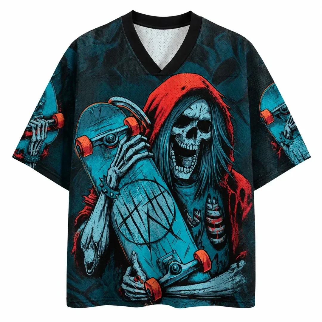 Gothic Skeleton Skeleton Handheld Skateboard Full Body Printed Breathable Mesh Hip Hop Street Wind Speed Dry Loose T-shirt