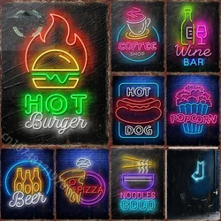 Neon Food Popcorn Neon Food Sign Poster Metal Tin Sign for Club Bar Decor Aesthetics Wall Decorative Plaque Decoration Painting