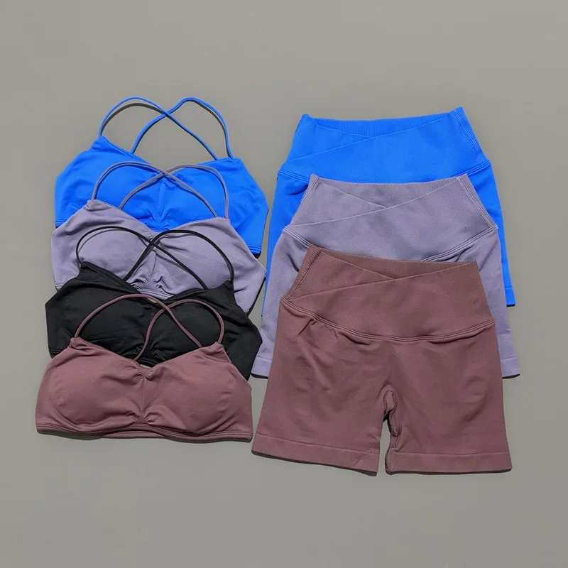 

HISTELLO 2-компонентный спортивный комплект Vision, женский бюстгальтер для йоги на бретелях, топ для тренировок, шорты для тренировок, спортивный костюм, одежда для фитнеса, бесшовный комплект для йоги