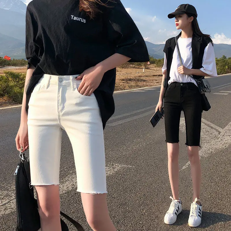 

Summer Vintage Denim Shorts Women High Waist Knee-length Wide-leg Fashion Streetwear Shorts Chic Solid Casual Jean Shorts