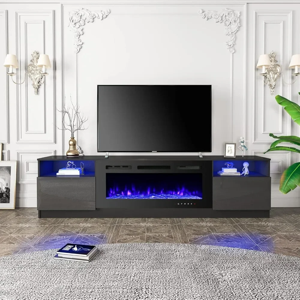 80'' Fireplace TV Cabinet with 40'' Electric Fireplace, 16 Color Led Lights and 12 Flame Fireplace Insert Heater, TV Fireplace