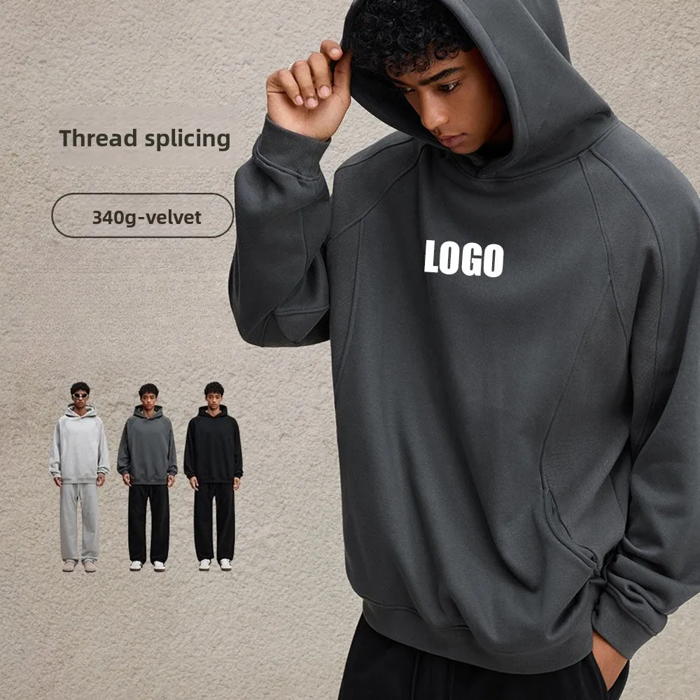 Customized LOGO men's new autumn and winter 340G heavy European and American crescent curved hoodie fleece sweater
