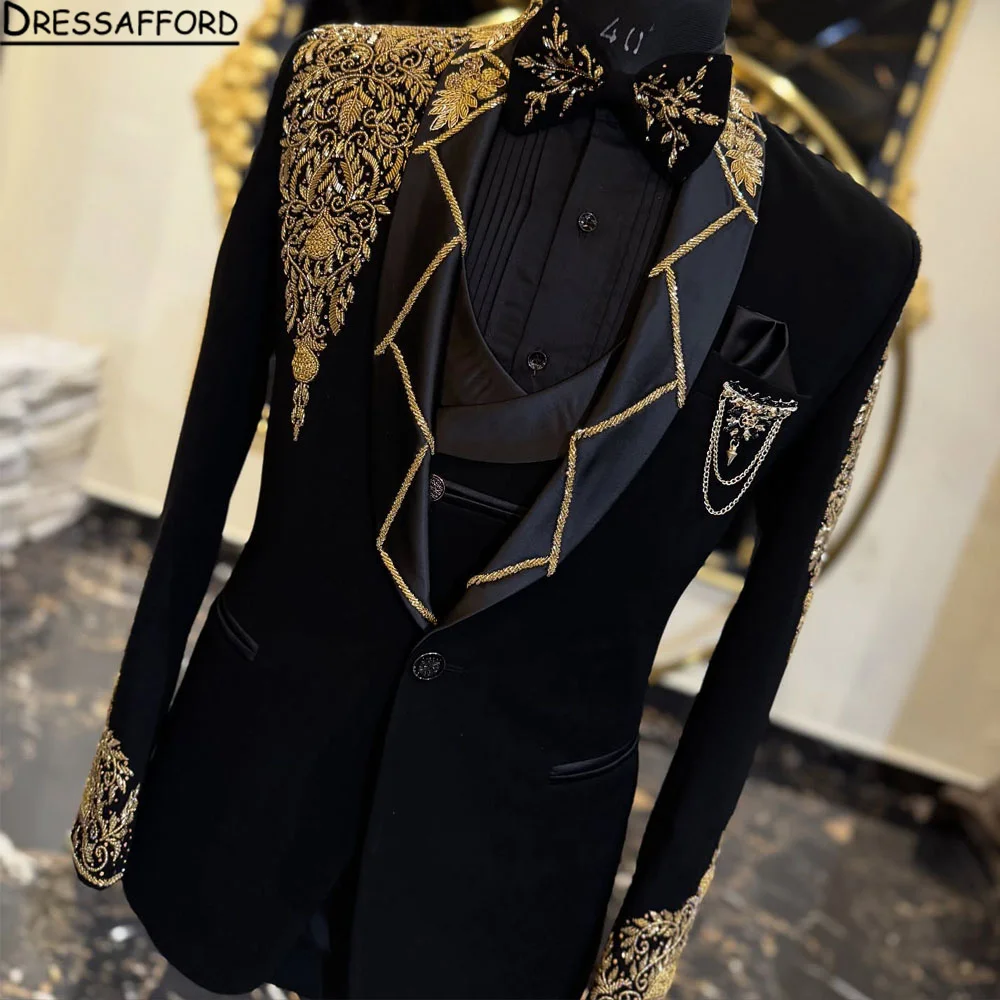 Black Wedding Suits For Men Groom Wear Tuxedos Handmade Gold Beaded Lapel Blazer Set Formal Prom Party 2 Pieces Dress 2025