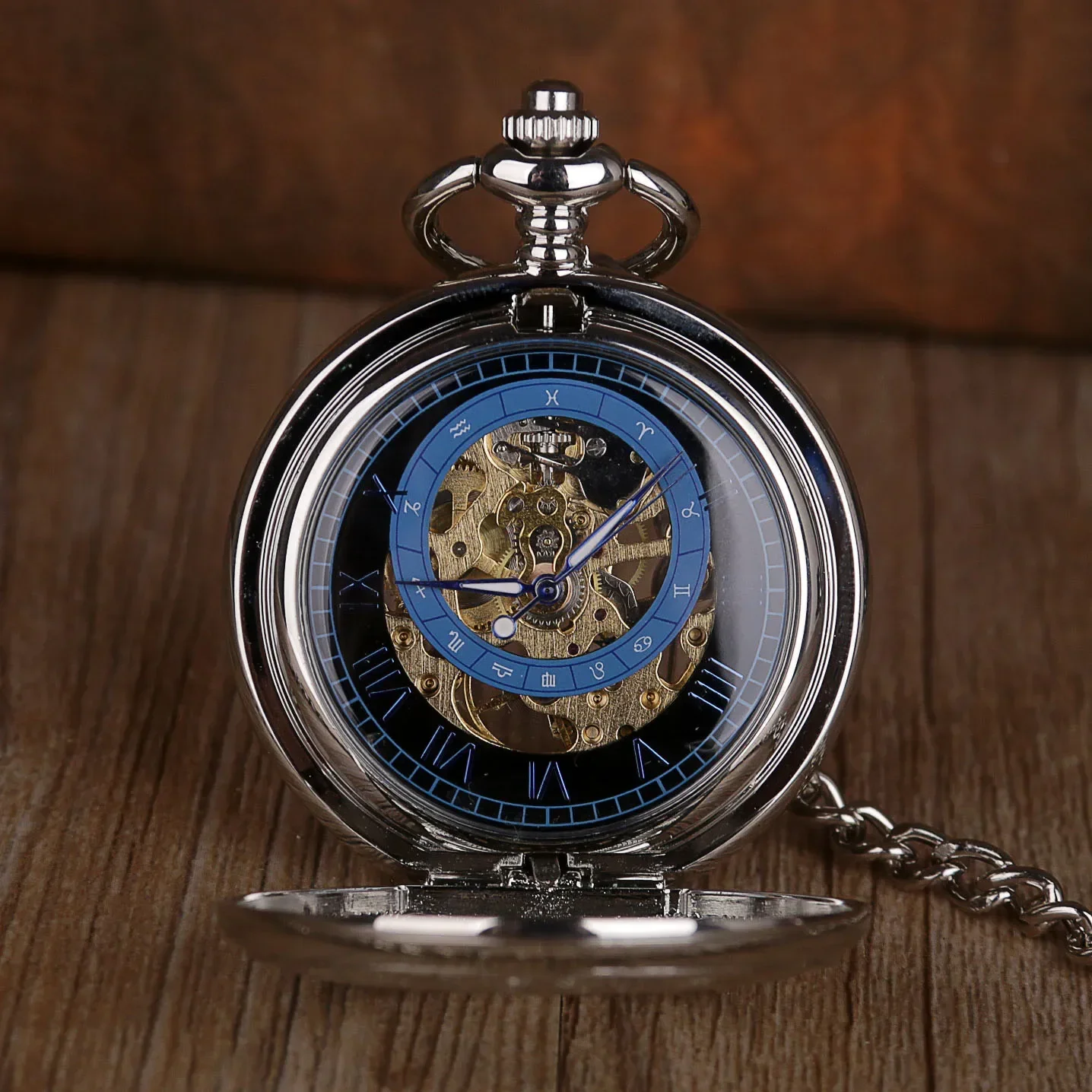 

Mechanical Hand Winding Pocket Watch Roman Numerals Display Transparent Cover Antique Silver Pendant Pocket Clock Fob Watches