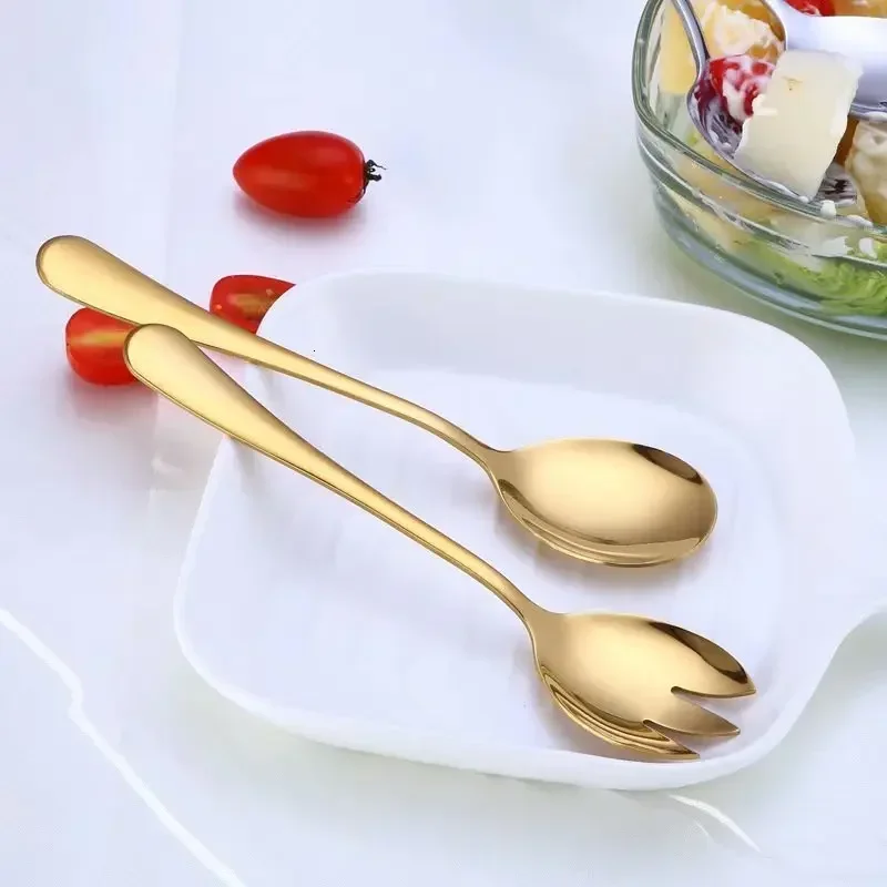 2Pcs Gold Salad Spoon Fork Stainless Steel Salad Server European Style Salad Cutlery Set Kitchen Tool Accessories