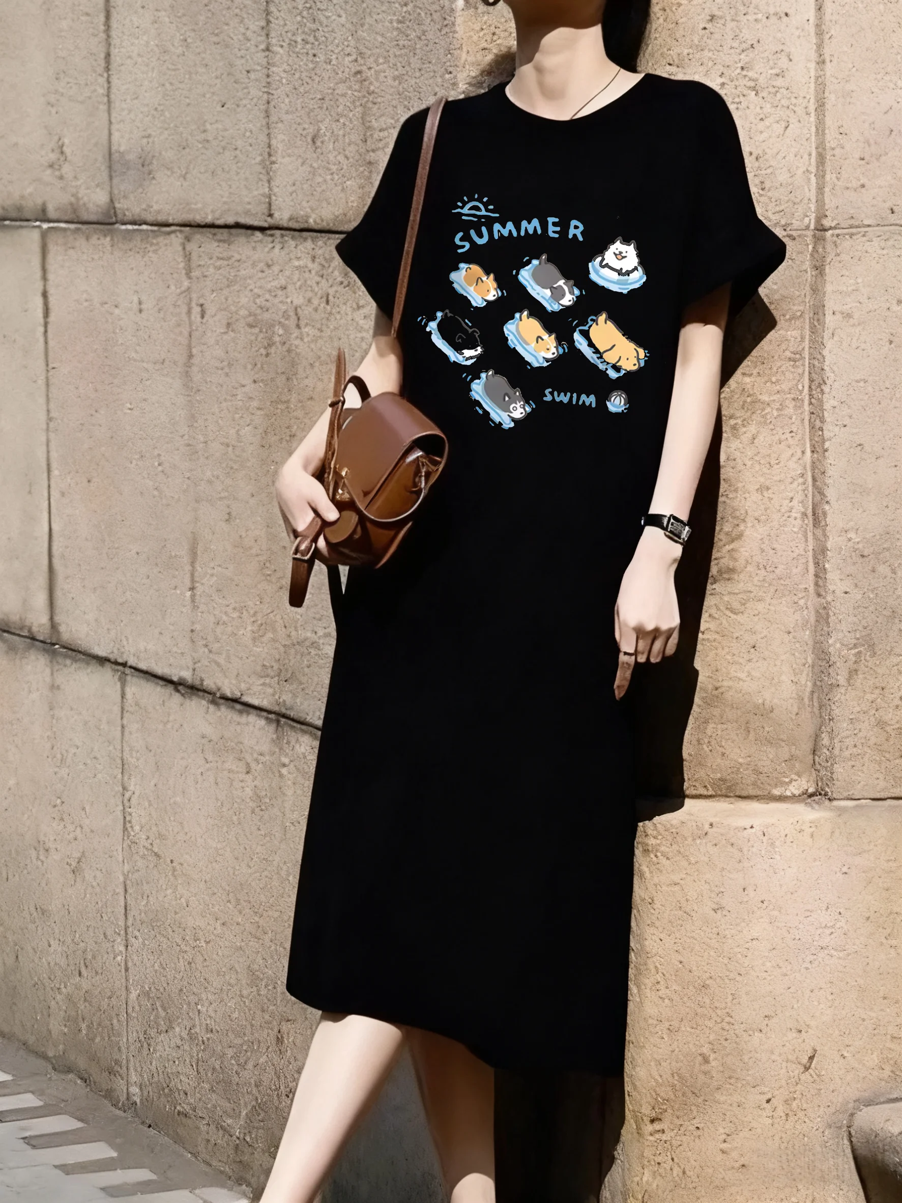 

Fun Cat and Dog Swimming Japanese Style Short Sleeved Dress Mid Length Over Knee Dress Vintage Sports Leisure Women's Long Tees