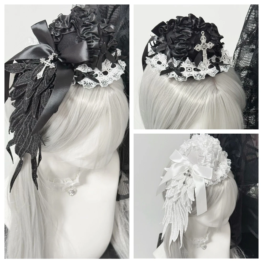

Black/White Angel Wing Cross Lace Bow Steampunk Mini Top Hat Vintage Antique Small Hat Costume Headwear