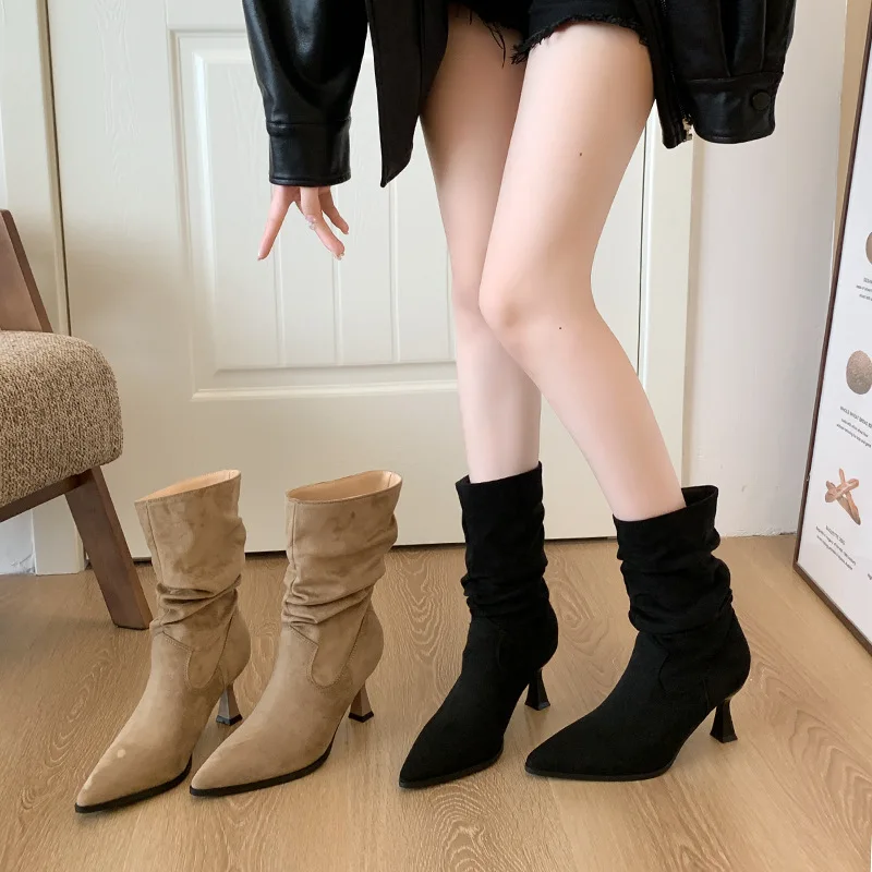 

Женские зимние теплые сапоги на высоком тонком каблуке с бархатной поверхностью, длинные, больших размеров