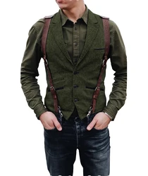 Deep V-Neck Men's Suits Vests Single Breasted Wool Tweed Waistcoat Groosman For Wedding Business Formal Vest