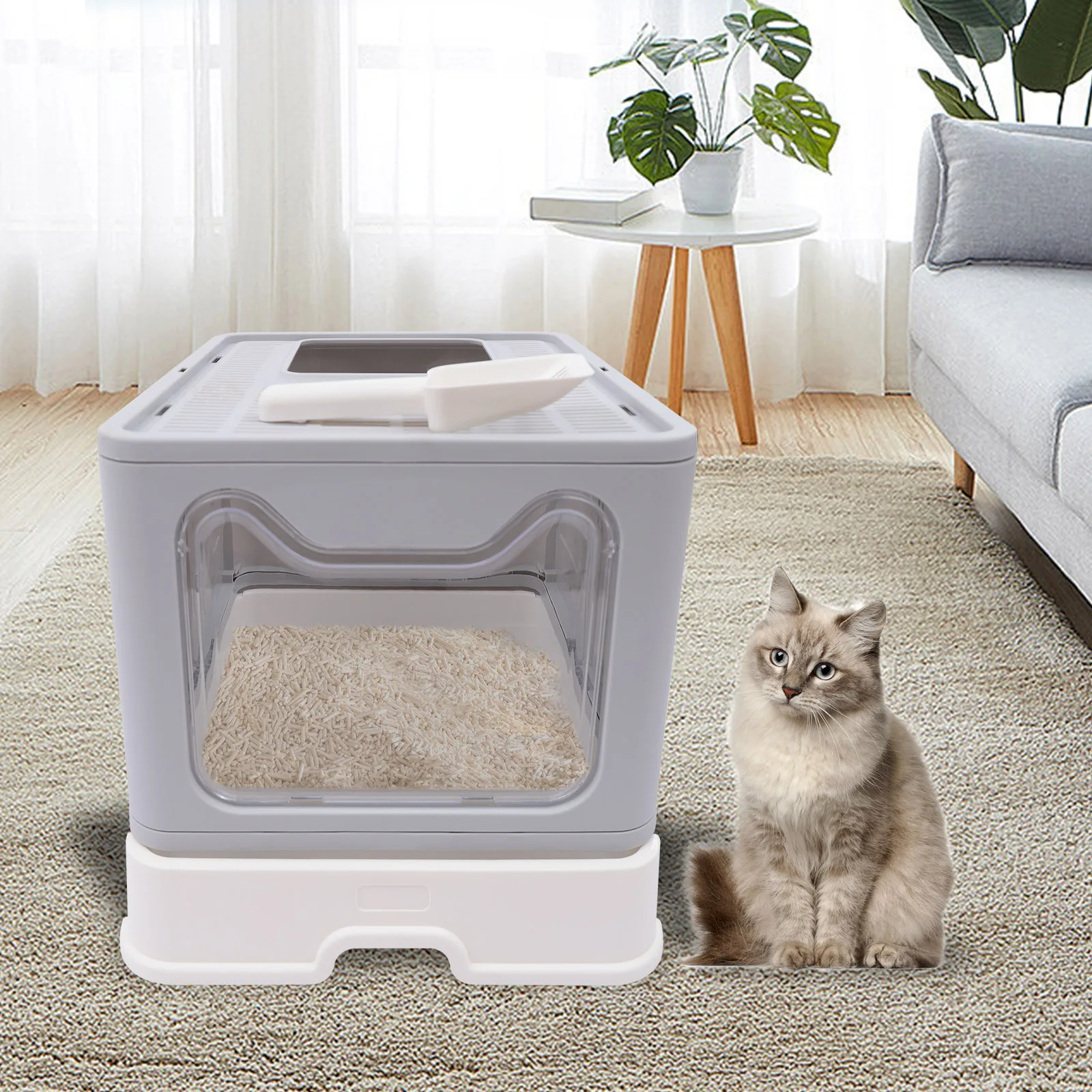 

Enclosed Cat Kitty Litter Box with Scoop, Top and Front Entry Litter Box with Lid, Foldable Covered Cat Litter Box