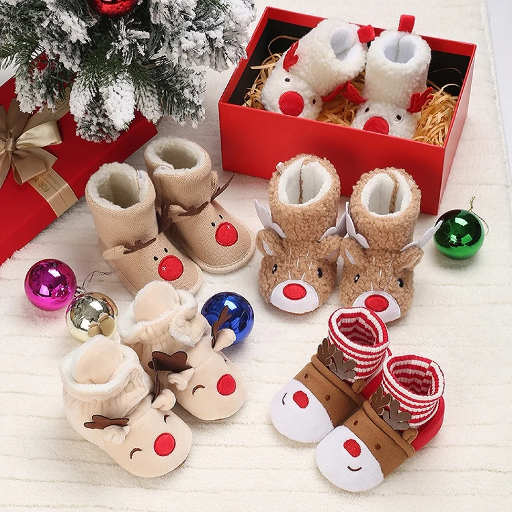 0-18M Baby Snow Boots Christmas Deer Velvet Thick Snow Boots 2025 New Baby Girl Cartoon Cotton Shoes Boys Cotton Shoes