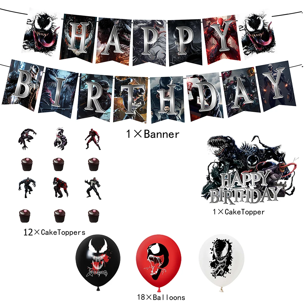 Hot movie Venom The Last Dance Birthday Party dinnerware Banner Cake Disposable Hanging Flag Venom Balloons Birthday Decoration