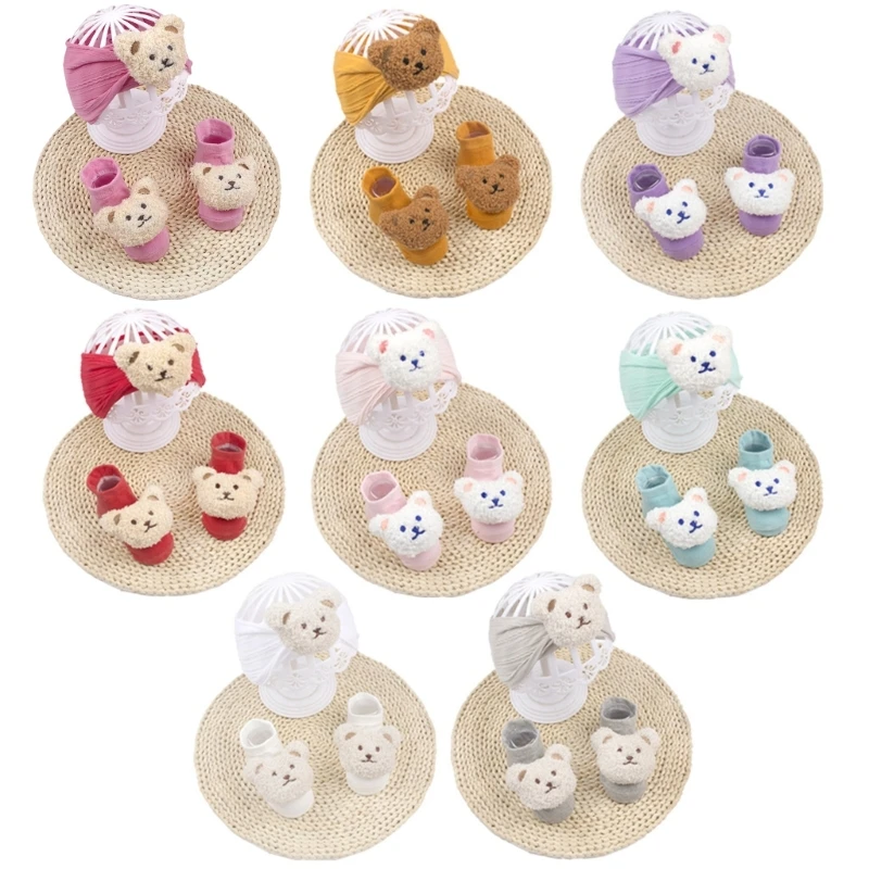 Lovely Bear Baby Headband Socks Set Lovely Newborns Headdress Elastic Hairband