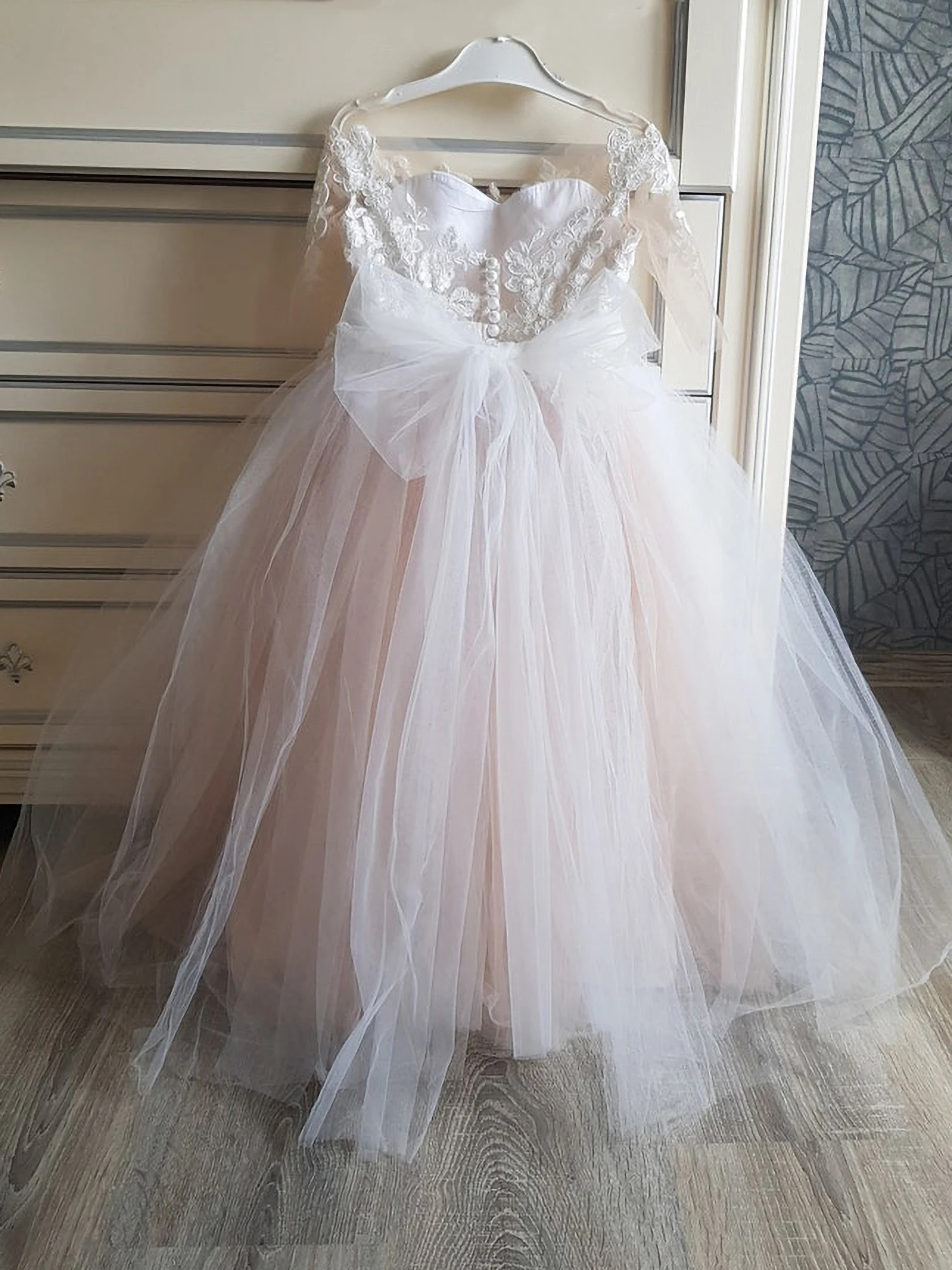 Full Sleeve First Communion Dress for Child Baby Backless Lace Tulle Little Bridesmaid Daughter Wedding Even Party