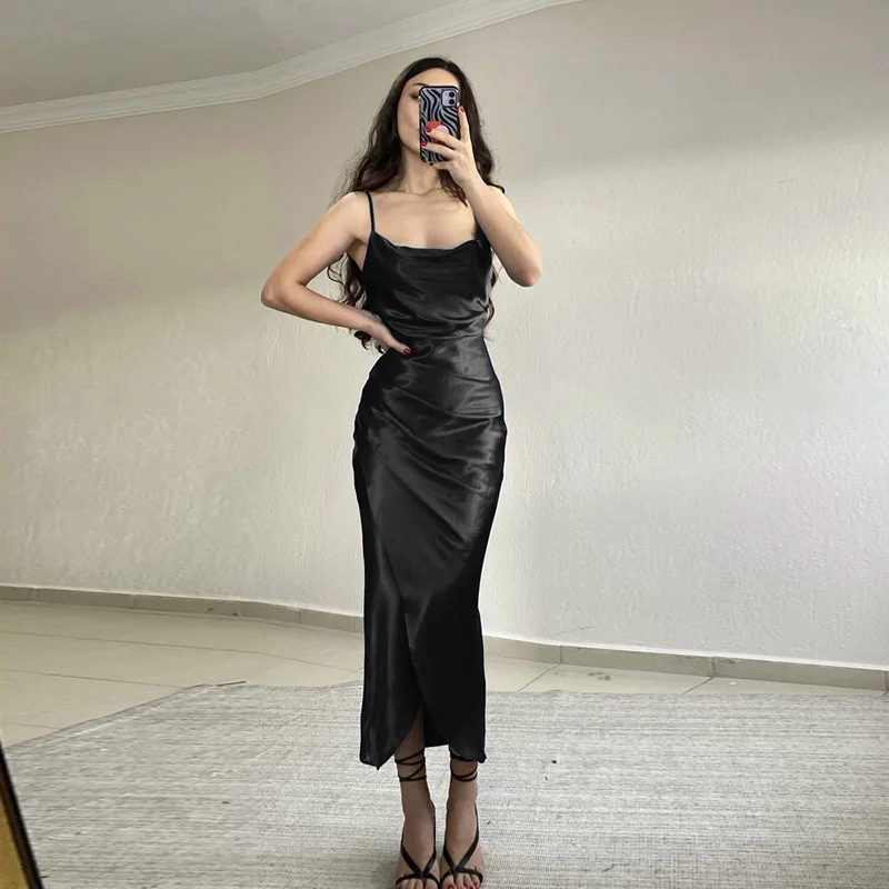 European and American spicy girl style sexy low cut satin slit suspender dress, new slimming backless long skirt