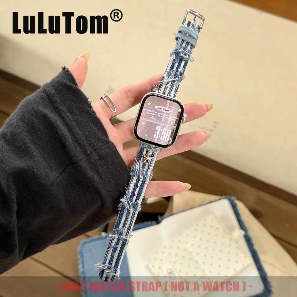 

Джинсовый ремешок с кисточками для Apple Watch Series 11, 10, 9, 8, 7, 6 SE 5 4 3 UItra iWatch 49/46/45/44/42/41/40/38 мм, кожаный сменный ремешок