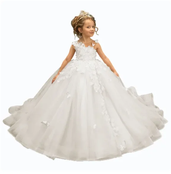 

Tulle Flower Girl Dresses For Wedding Princess Pagenat Dress Long Kids 3D Applique First Holy Communion Party Gowns