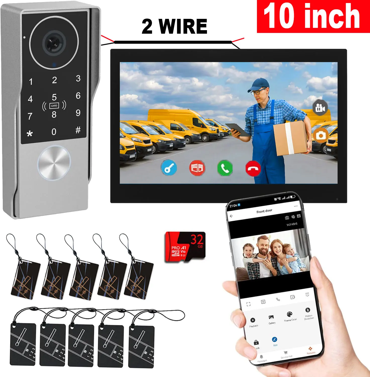 2-Wire Video Door Phone with Tuya App IC Card PIN Unlock Home 1080P Camera Support 5G Wifi Smart 10Inch Video Intercom System