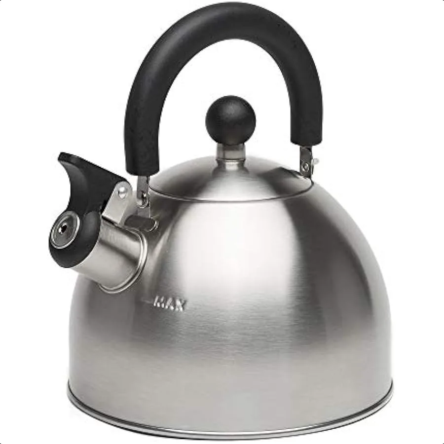

Stewart Whistling Stovetop Tea Kettle Food Grade Stainless Steel Hot Water Fast to Boil Cool Touch Folding 1.5Quart Brushed wit