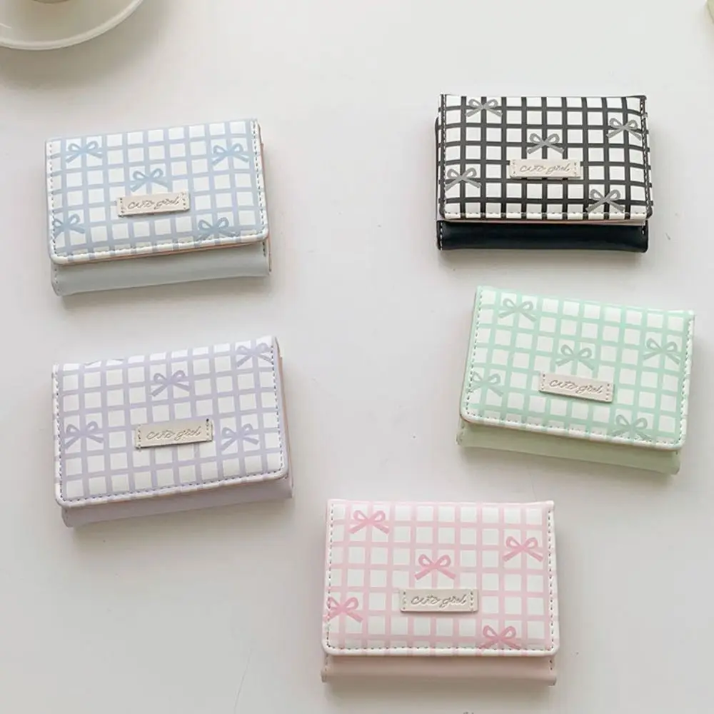

Pouch Sweet Cute Tri-Fold Purses Lattice PU Leather Bow Short Wallet Candy Color Multiple Card Slot Women Card Holder Women