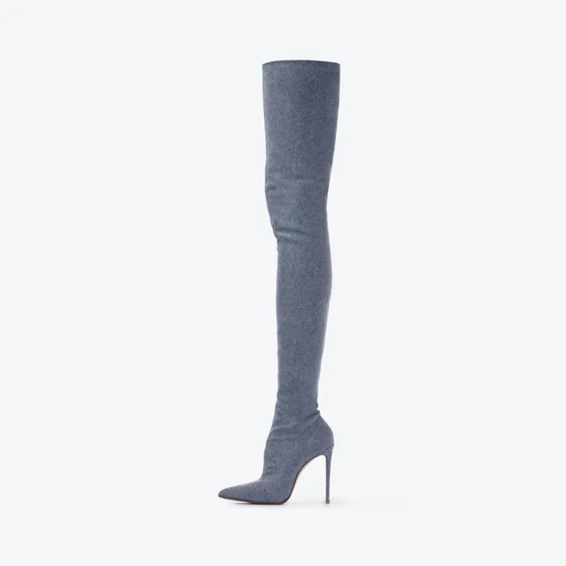 Arden Furtado 2024  blue denim Strech boots Thigh high boots Pointed toe Slip-on Stiletto heels high heel over the knee boots 41