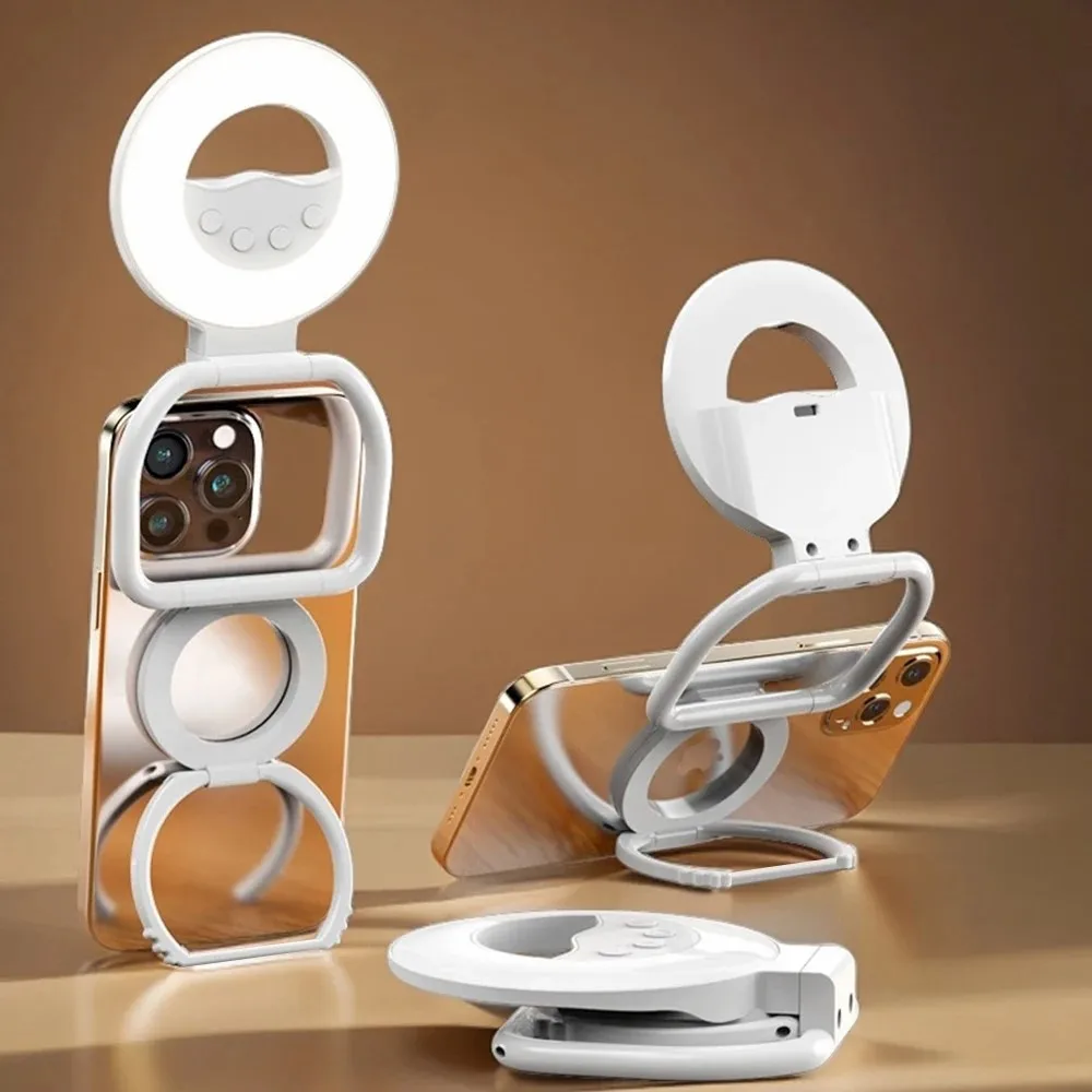 Multifunctional magnetic fill light stand, foldable ring light with multiple dimming levels, dual use for desk and portable.