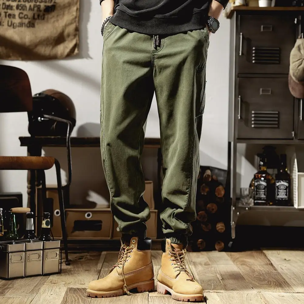 Men Outdoor Pants Men Solid Color Pants Men's Fall Spring Cargo Pants with Ankle-banded Design Elastic Waist for Outdoor