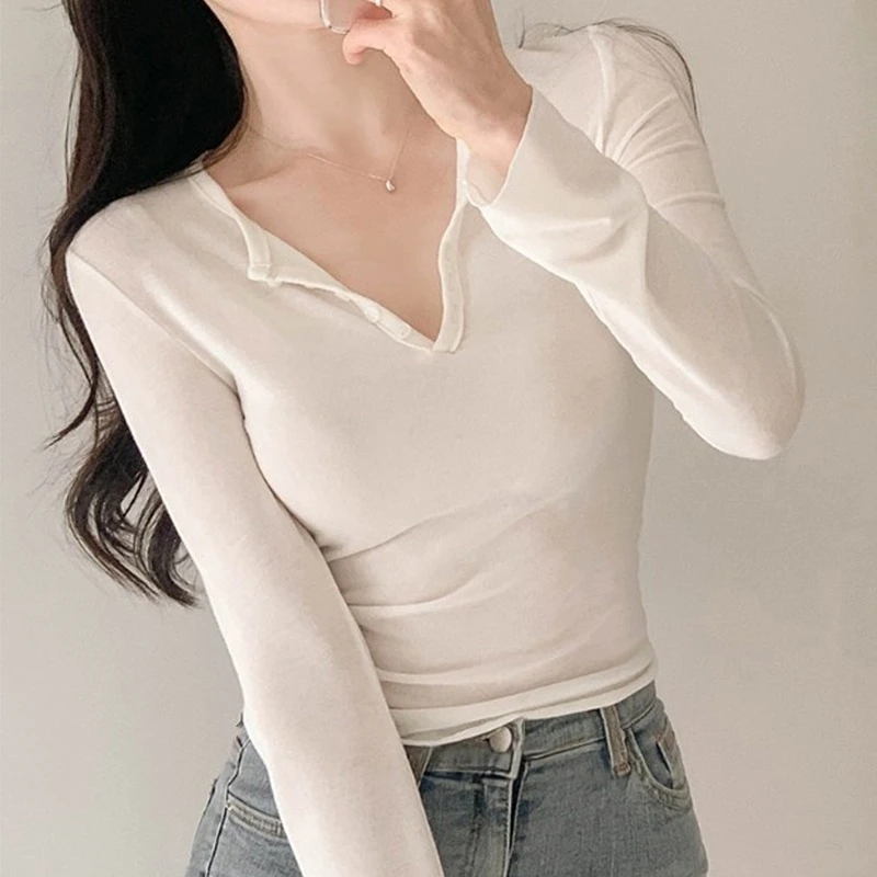 Hochwertiges, schlichtes T-Shirt, modisches, langärmliges, schmales Knopf-T-Shirt für Damen, kleiner V-Ausschnitt, Basic, einfarbig, Basisschicht-Shirt
