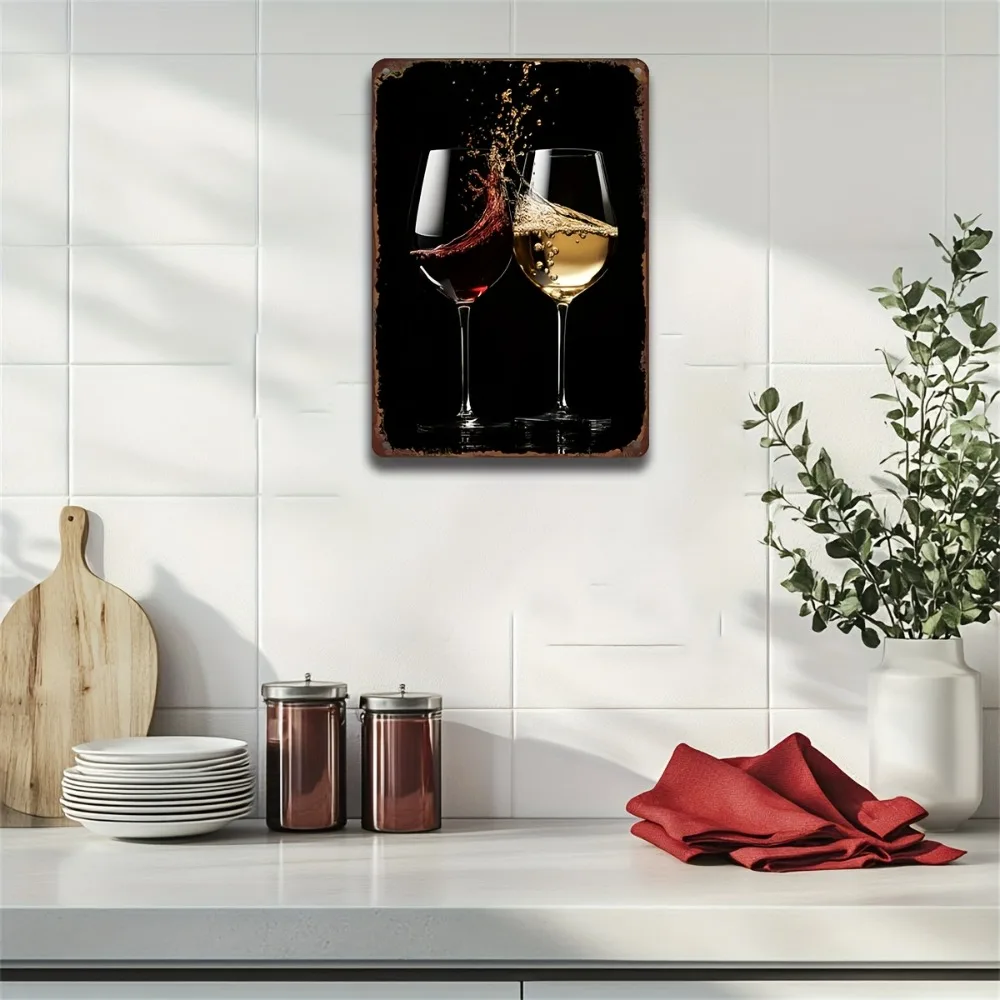 Vintage Wine Glass Metal Wall Art – Rustic Bar Tin Sign for Restaurant, Cafe, Kitchen or Home Decor, 8x12 Inch Plaque