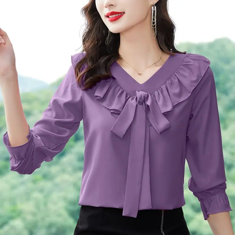 V-Neck Office Lady Ruffle Chiffon Bowknot Thin Flare Sleeve Women Blouse Stylish Versatile Pullover Various Colors Oversize Top