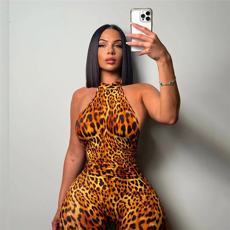Europe and the United States summer new sexy hot girl halter neck strap leopard hip tight jumpsuit woman