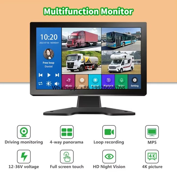 

10.36 Inch 4-Channel Split Screen Monitor Pedestrian Detection Reverse Camera Waterproof BSD Recording System Kit for Vehicle ma