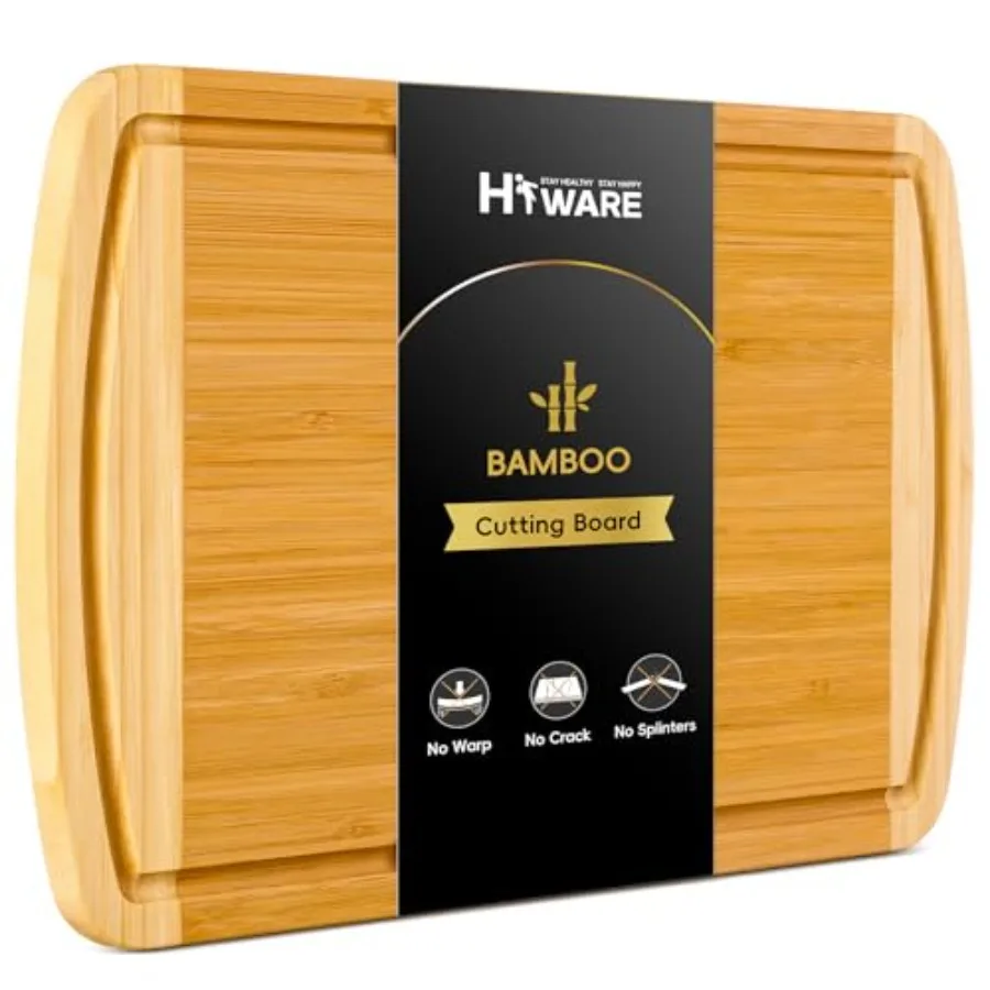 Tabla de cortar grande de madera para preparación de comidas y servir en la cocina - Tablas de cortar de bambú con ranura para jugos y asas laterales, Charcuteri