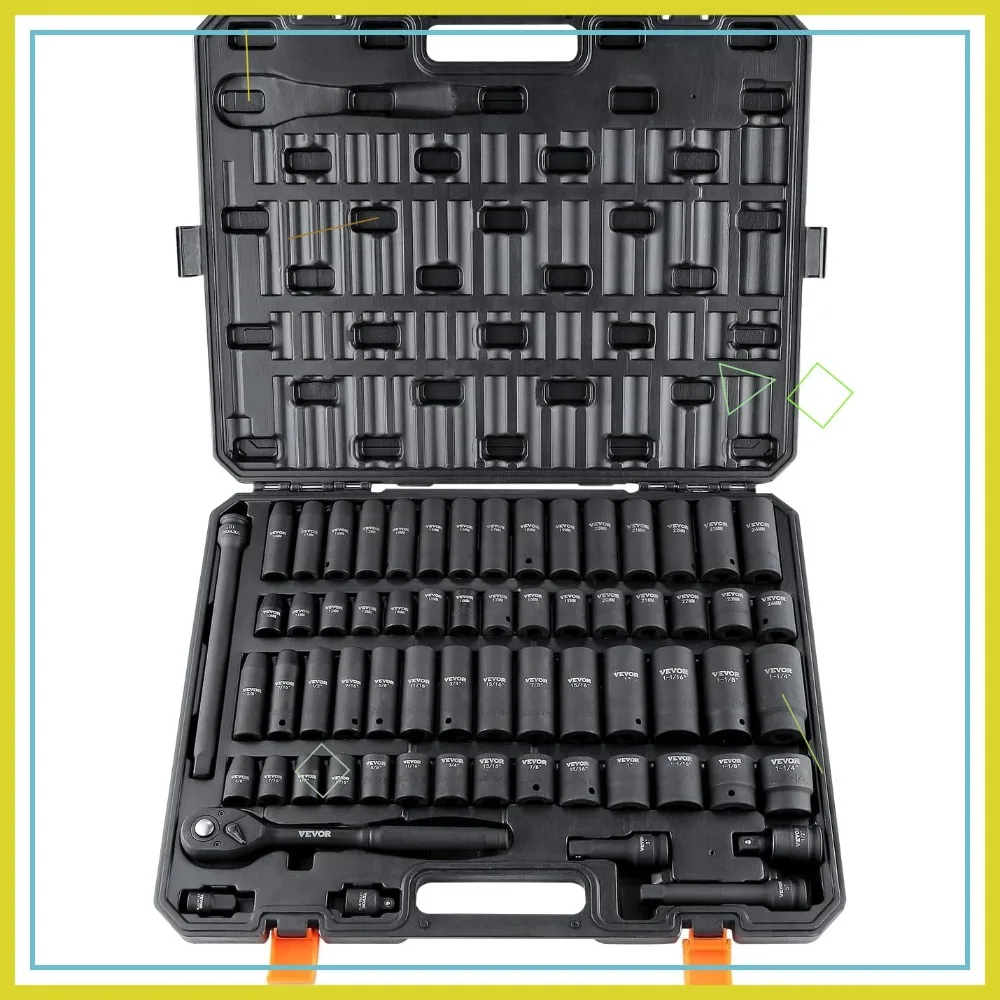 

Набор ударных головок с приводом 1/2 дюйма, 65 предметов SAE и метрическая, сталь Cr-V для ремонта автомобилей с футляром для хранения