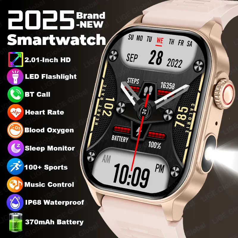 

LIGE 2025 New Women Smart Watch Flashlight 2.01” HD Display AI Voice Bluetooth Call Sports Watches Health Monitor Smartwatch Men