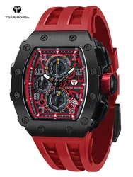 Relojes TSAR BOMBA Tonneau para hombre, reloj de pulsera rojo con cristal de zafiro, cronógrafo resistente al agua, reloj con fecha, regalo de Navidad de lujo para hombres