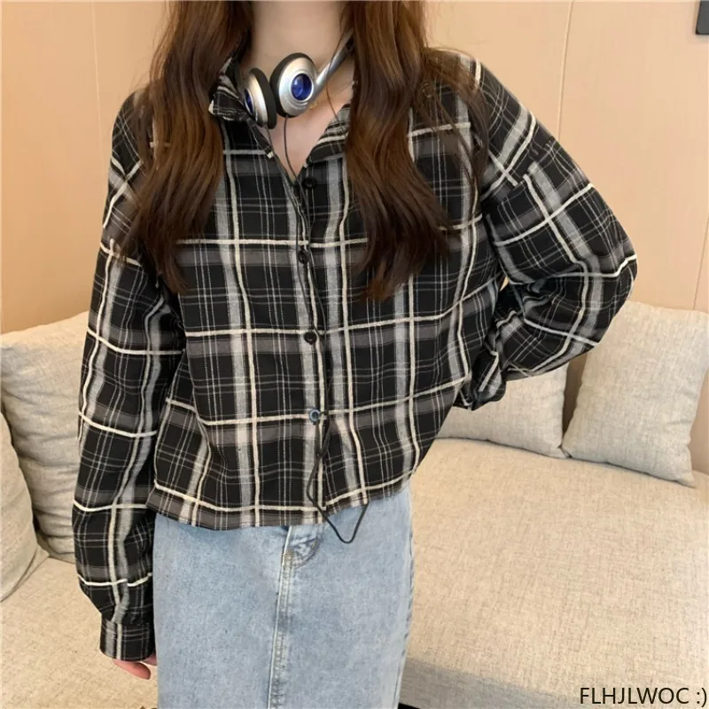 

Chic Korea Tops Blusas Women 2023 New Design Cardigan Ruffles Blouses Japan Girls Preppy Style Retro Vintage Plaid Shirts