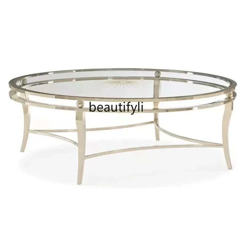 AA67 American light luxury living room round coffee table combination glass edge table designer marble